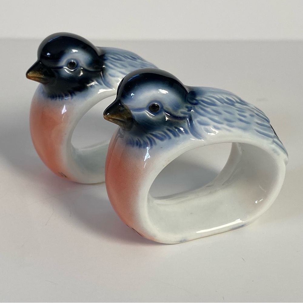 Vintage Porcelain Bird Napkin Rings Holders 3" Set Of 2 Bullfinch Blue Orange